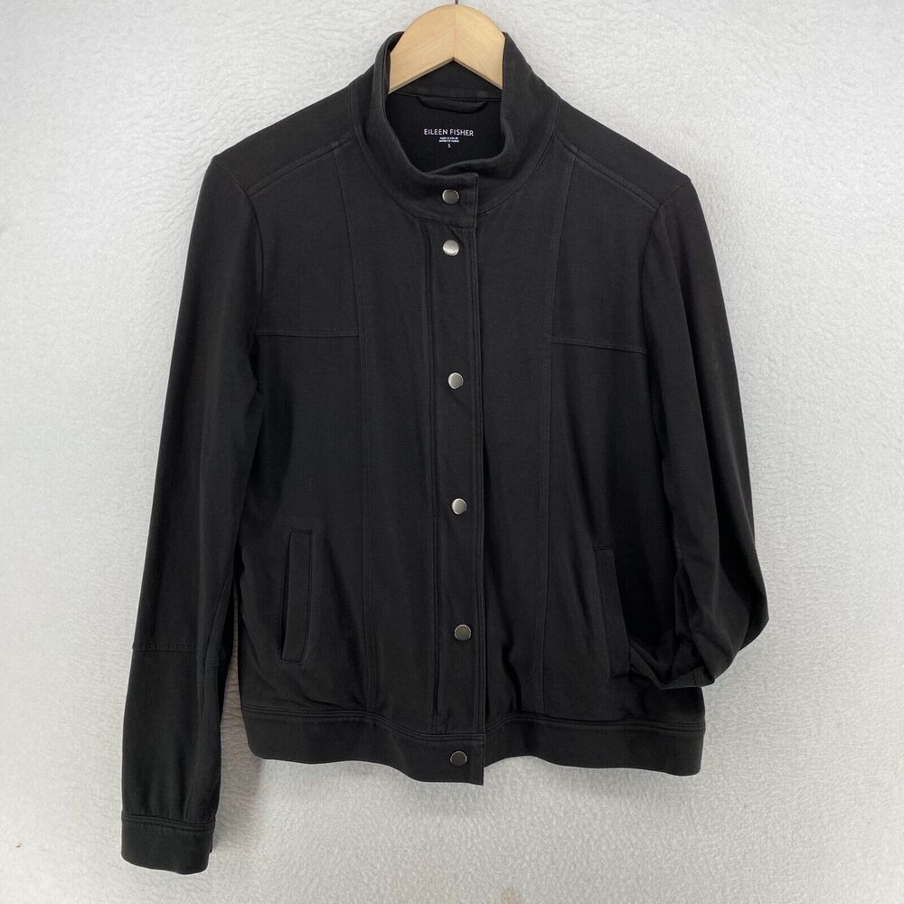 EILEEN FISHER Jacket S Organic Cotton Stretch Jersey Snap Full Zip Up Black USA - Picture 3 of 14